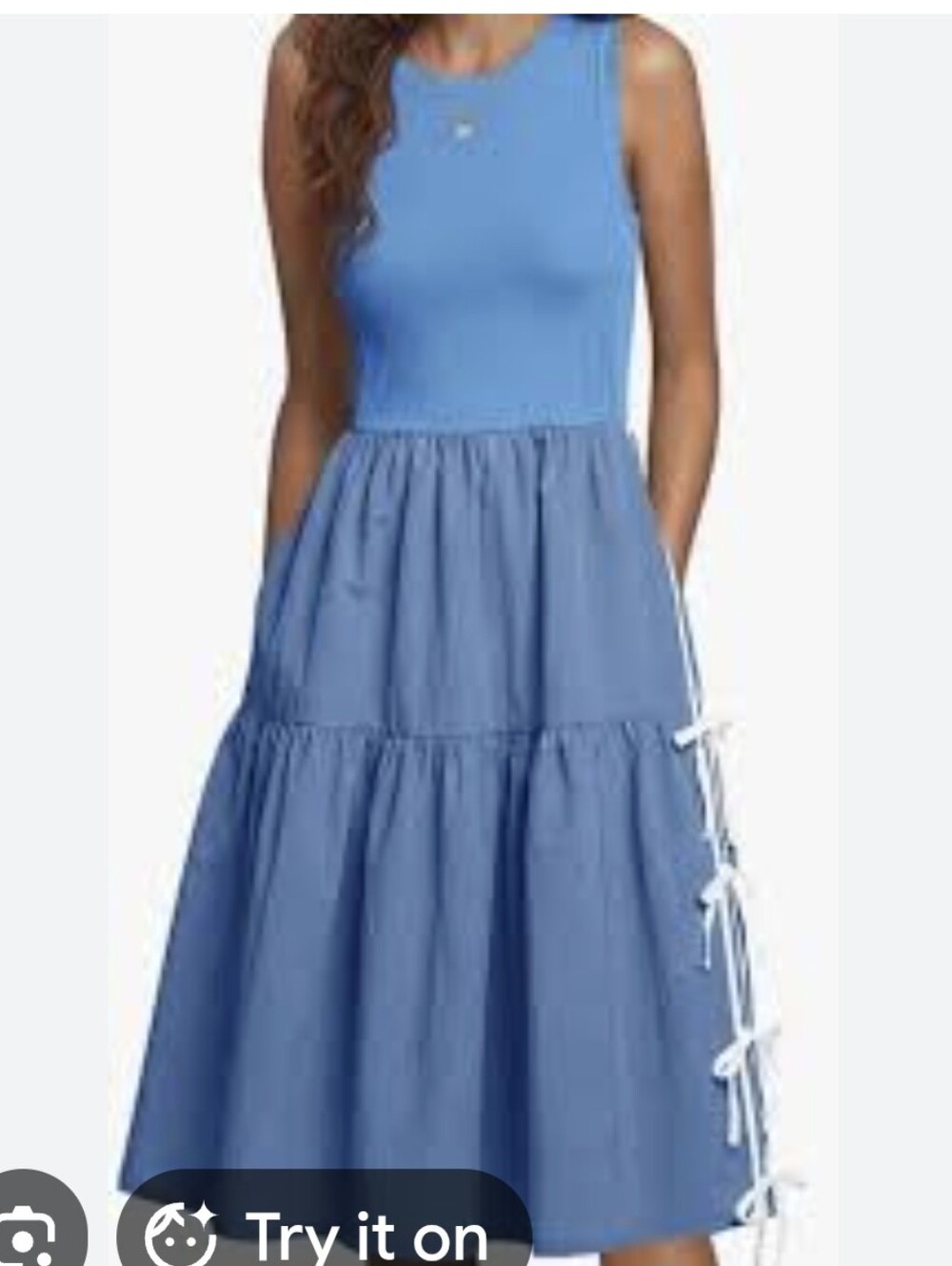 Amazon Blue Sleeveless Tiered Midi Dress with Side Tie Detail